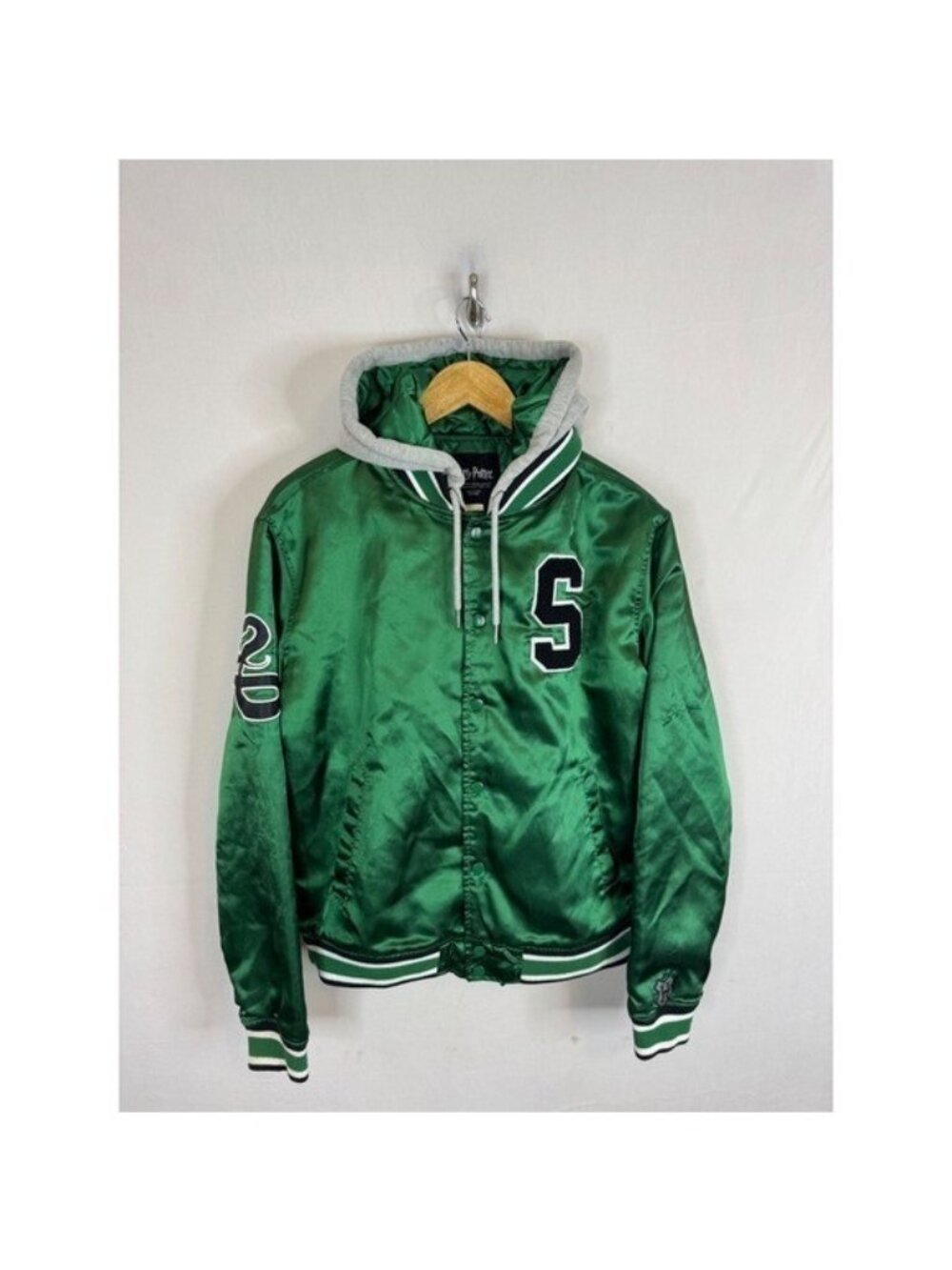 Harry Potter Slytherin Varsity Jacket Green Satin Hooded Letterman Small